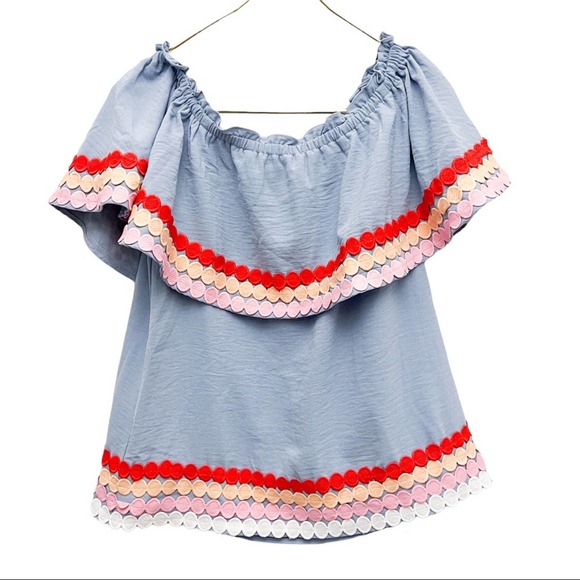 Entro Light Blue Polka Dot Trim Off Shoulder Tiered Blouse Top Size Small - Picture 2 of 9
